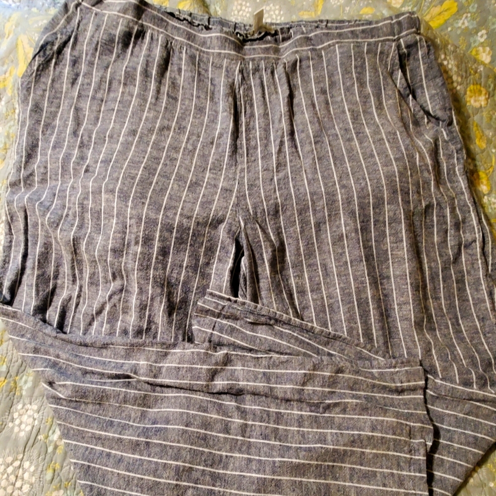 Plus Size 2X Linen Blend Striped Blue Plants